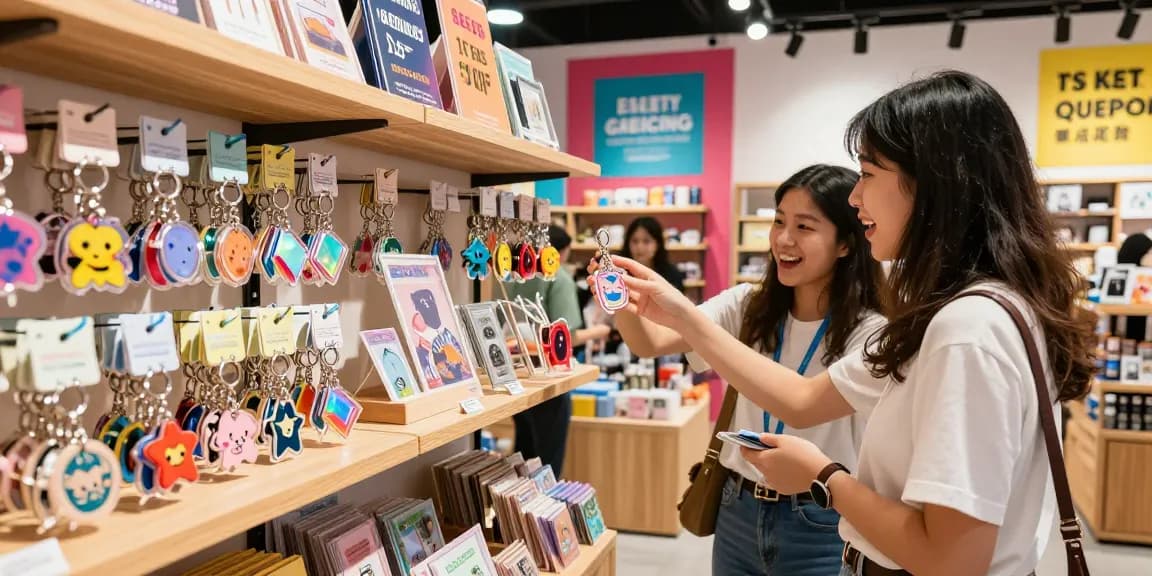 Explore vibrant custom keychains displayed in a retail setting, highlighting unique designs and shopping experience.