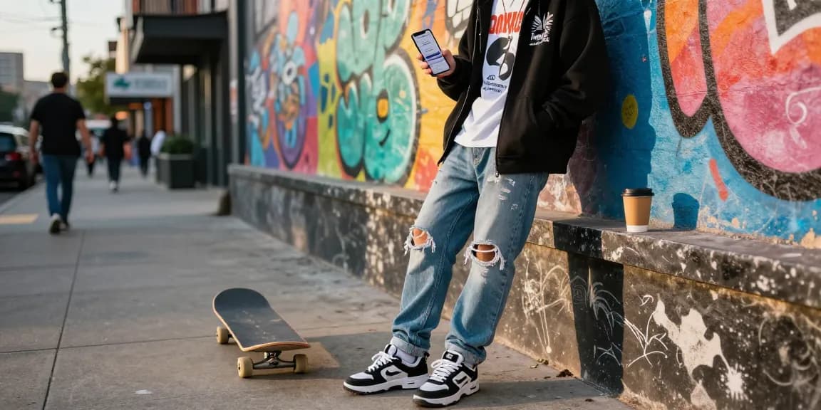 Urban streetwear fashion scene featuring a young adult showcasing rokok88 login on smartphone amidst vibrant city life.