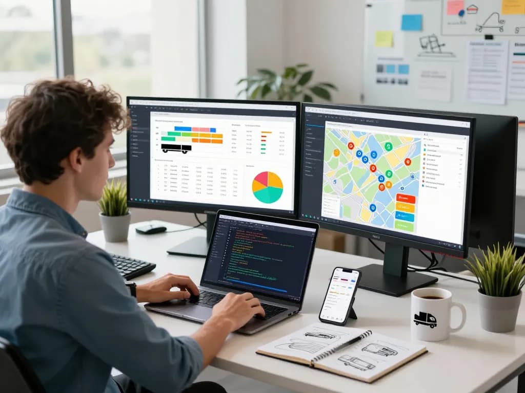 Go99 optimization scene with a developer analyzing freight logistics software on dual monitors in a modern office.