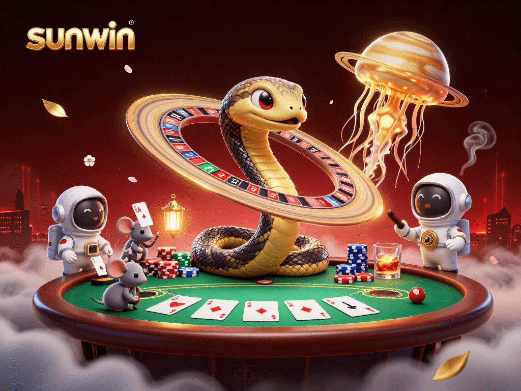 Experience thrilling bets with sunwin at a cosmic casino featuring a roulette wheel and playful astronaut mice.
