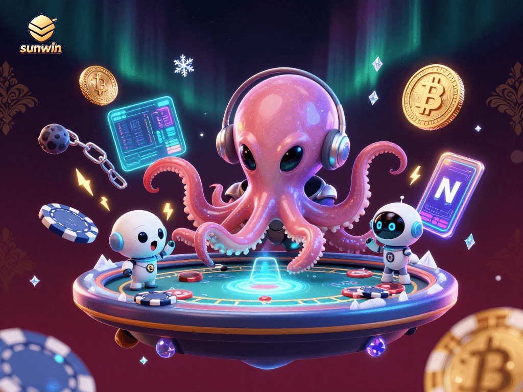 Sunwin showcases an alien octopus at a holographic poker table, surrounded by crypto elements.