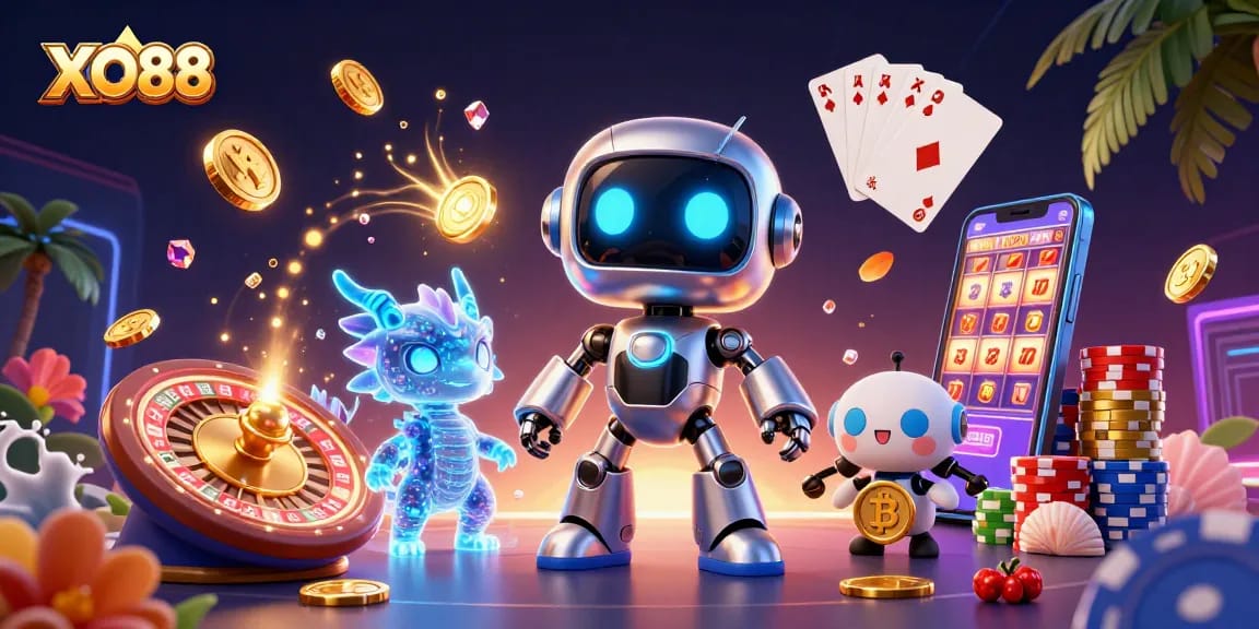 Engage in thrilling gaming with XO88, featuring a vibrant 3D casino scene and exciting betting elements.