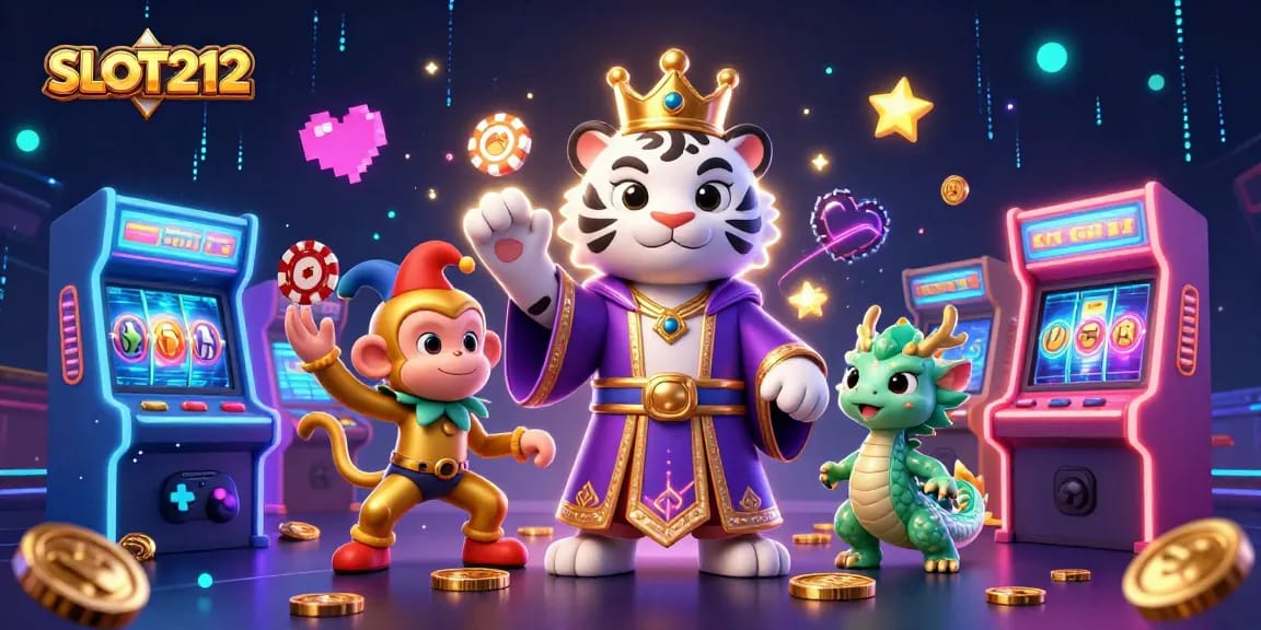 SLOT212 provides seamless access to slot games with a vibrant 3D illustration of casino characters.