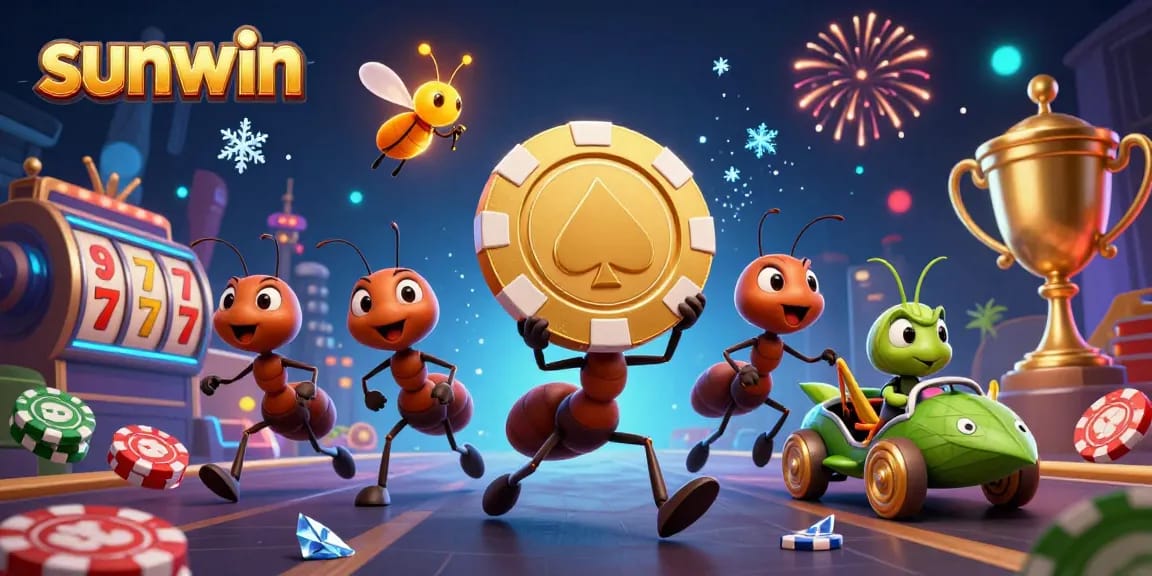 Engaging illustration of ants executing a heist with a golden poker chip, showcasing sunwin's casino excitement.