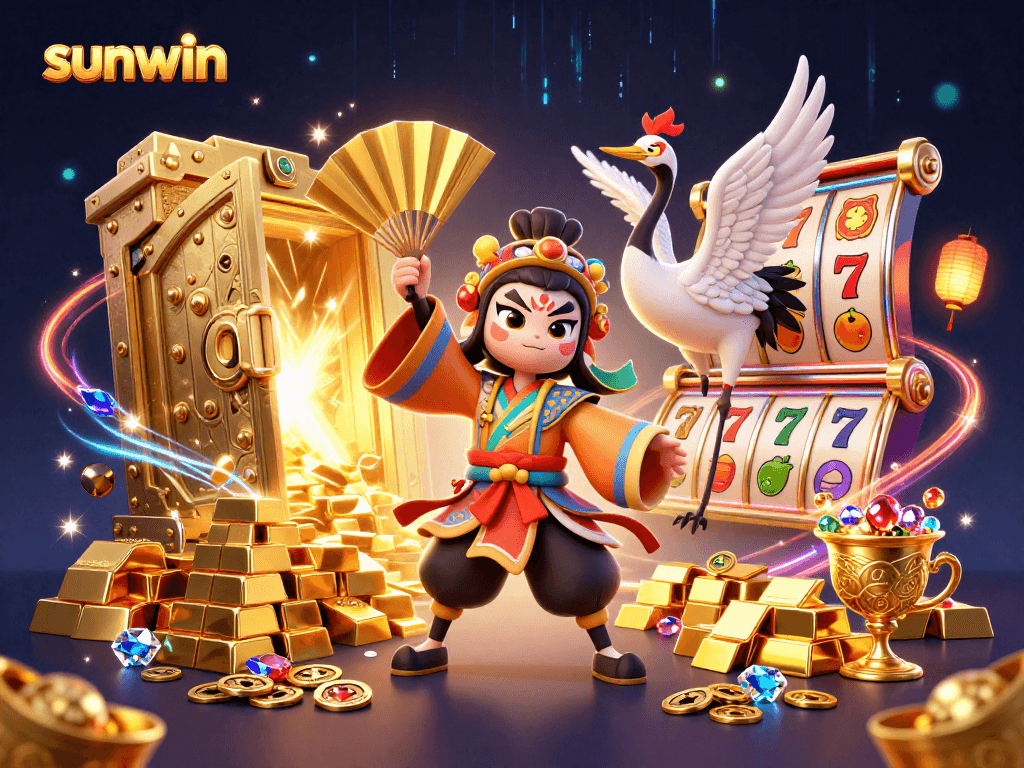 Experience the excitement of sunwin with vibrant slot reels and a dynamic 3D casino scene.