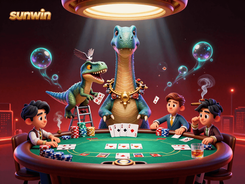 sunwin casino scene featuring a brontosaurus overlooking a poker table with intense gameplay.