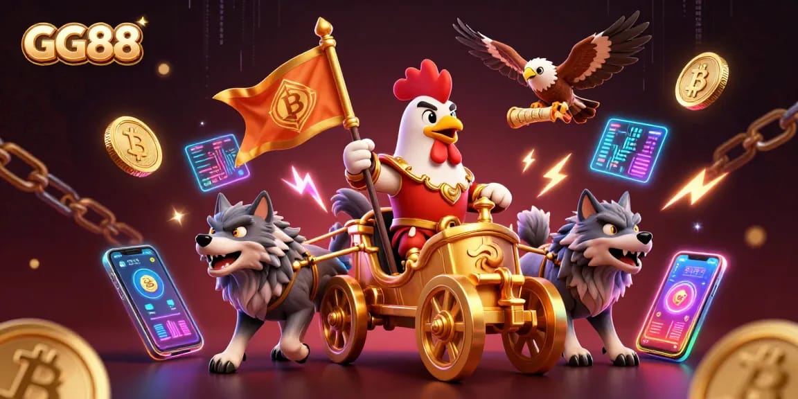 Experience the thrill of GG88 with a vibrant scene of a rooster warlord amid cryptocurrencies and casino elements.