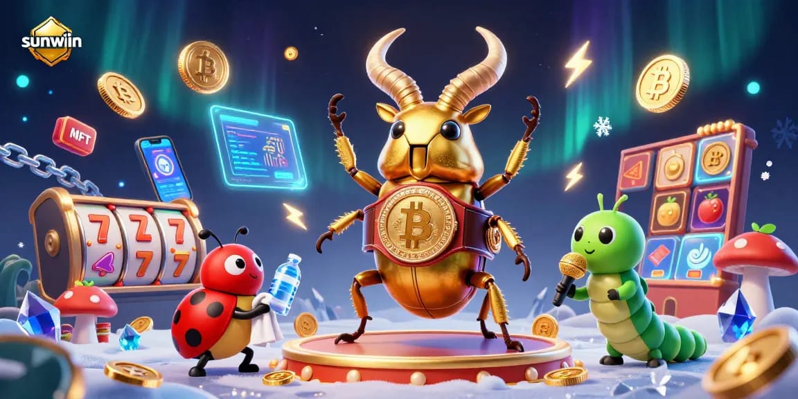 Engaging sunwin scene with crypto-themed characters championing slots and jackpot elements.