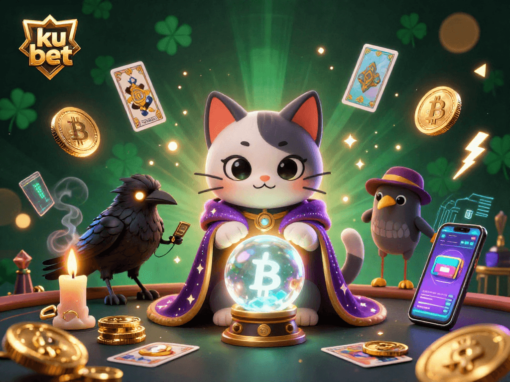 Engage with the thrilling ku bet experience in 3D casino artistry featuring fortune tellers and glowing crypto elements.