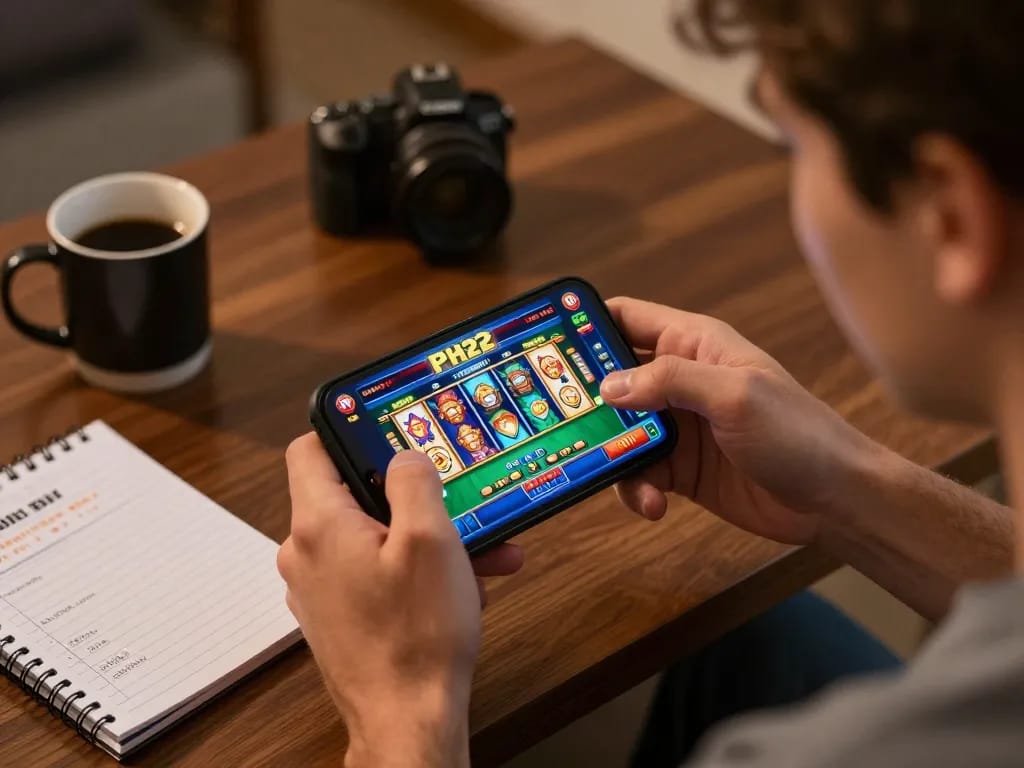 Player enjoying the exciting PH22 casino app on mobile, showcasing vibrant game graphics and strategic notes.