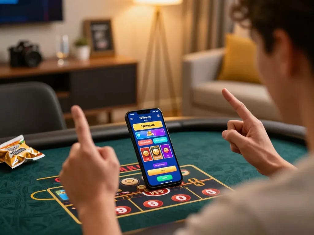 Player celebrating a win at 79king-vn online casino app with vibrant game interface and cozy home setting