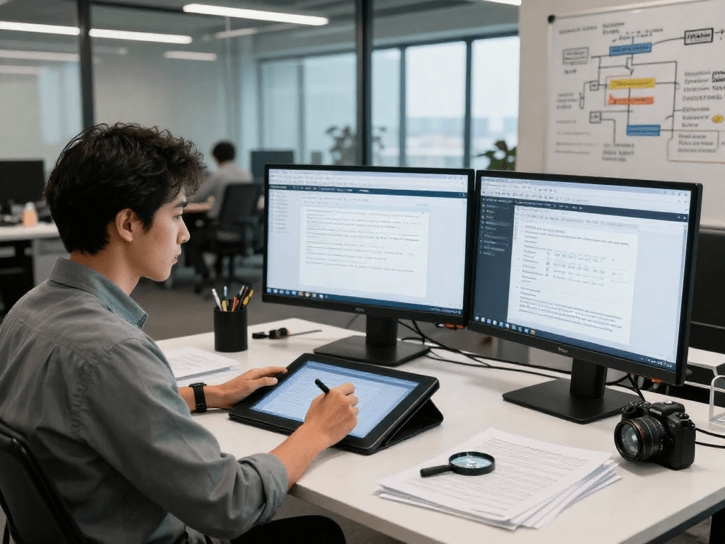 Document fraud detection analysis in a modern workspace highlighting technology and professional diligence.