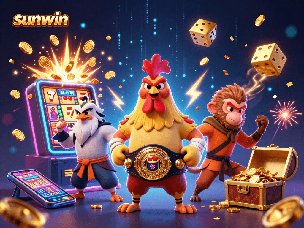 Win big with sunwin's vibrant 3D illustration, showcasing exciting casino action and characters.