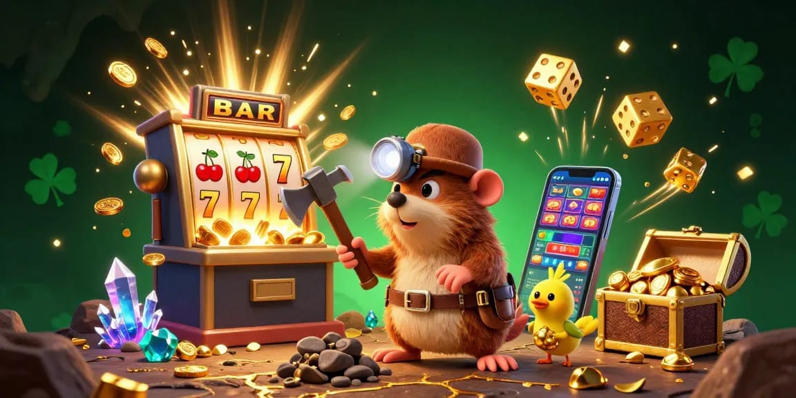 Experience thrilling gaming with DA88's treasure hunter mole amidst a colorful casino explosion.