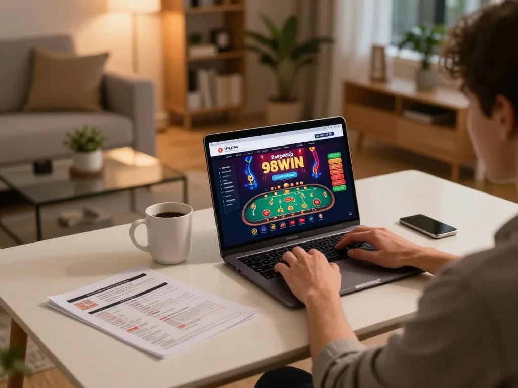 Engaging with Đăng Nhập 98WIN while enjoying a cozy online gambling session at home.