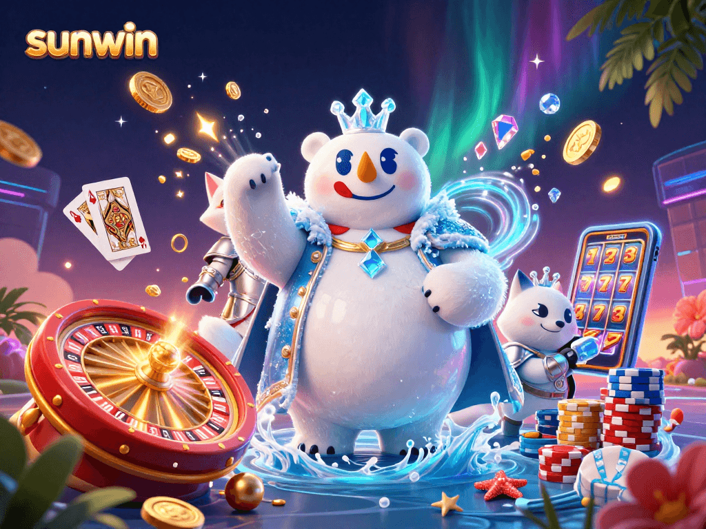 Experience the thrill of sunwin gaming with a 3D polar bear and snow fox in an energetic casino environment.