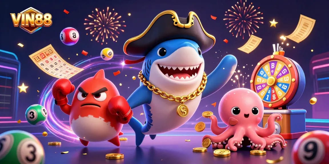 VIN88 pirates celebrate wins with colorful lottery balls and gold coins in a vibrant casino scene.