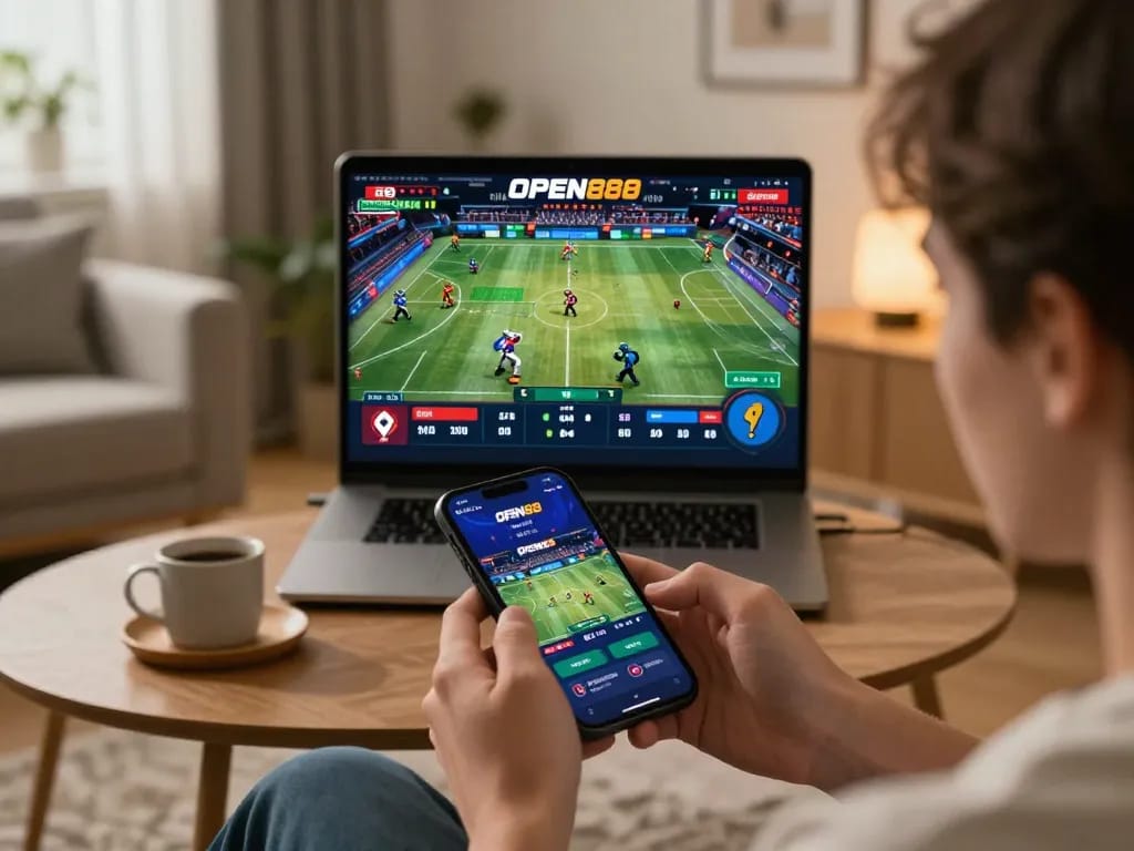 Engage in exciting live sports betting on OPEN88 in a cozy home setting with a smartphone