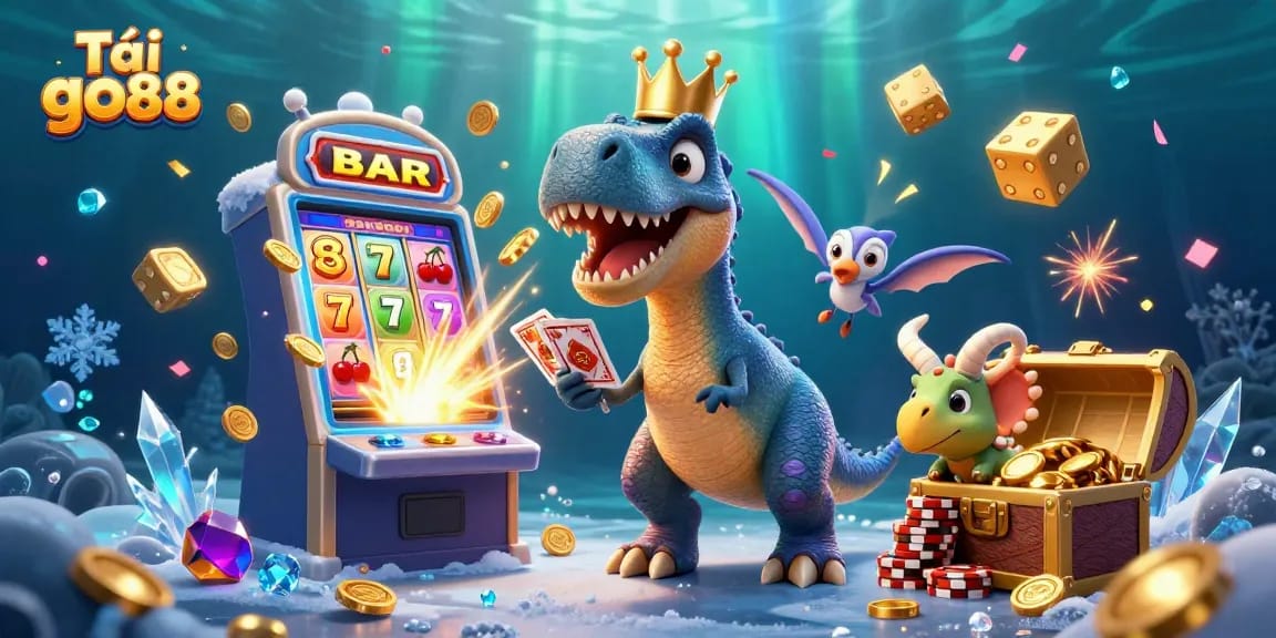 Experience the thrill of Tải go88 with a playful scene of a T-Rex, pterodactyl, and triceratops enjoying casino games amidst a gold explosion.