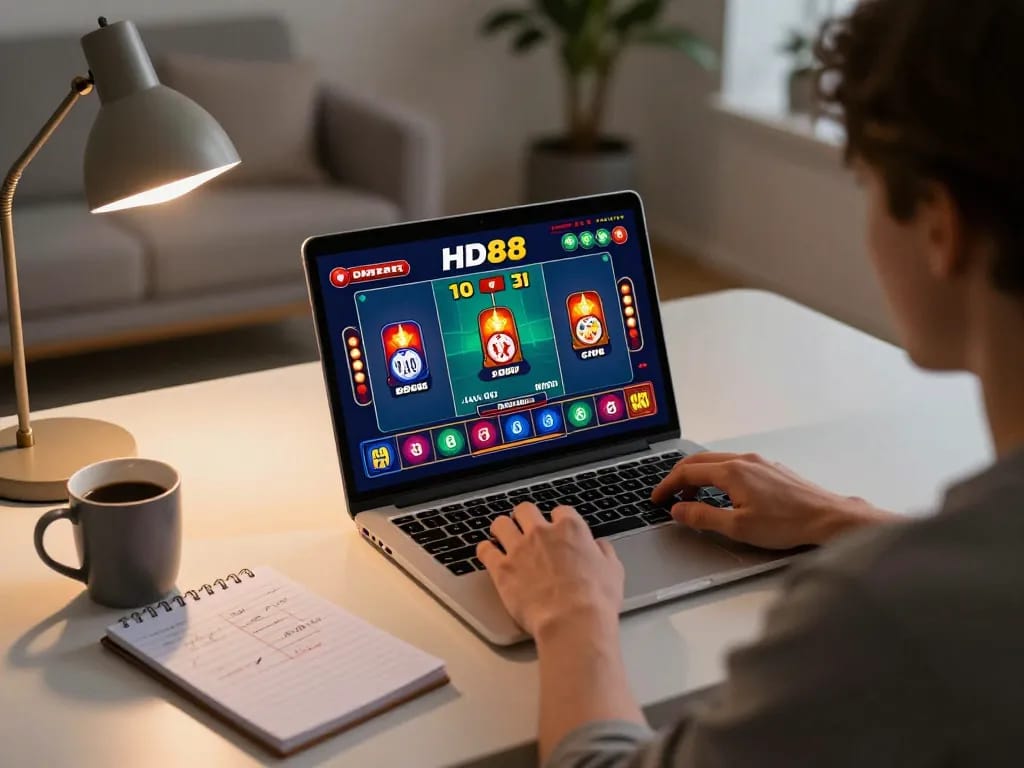 Playing HD88 online casino games while strategizing with notes at home.