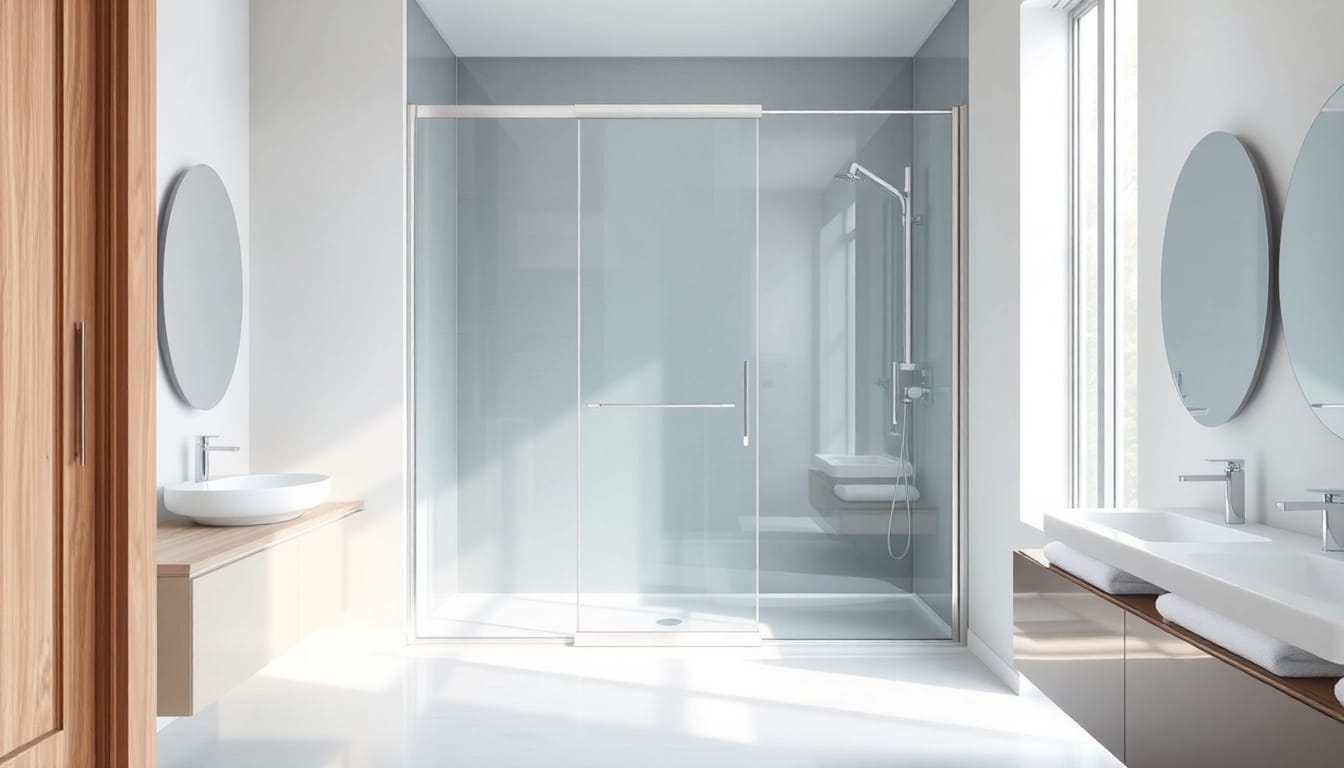 Showcase a beautiful shower screen sliding door in a bright, modern bathroom.