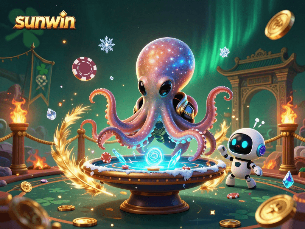 Experience sunwin with a vibrant 3D scene of an alien octopus playing poker amid cosmic elements.