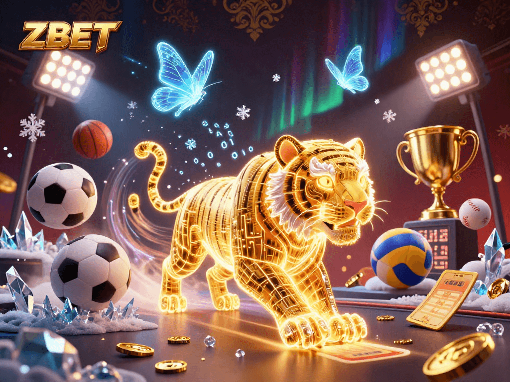 ZBET showcases an electrifying digital casino with a golden light energy tiger and dynamic sports elements.