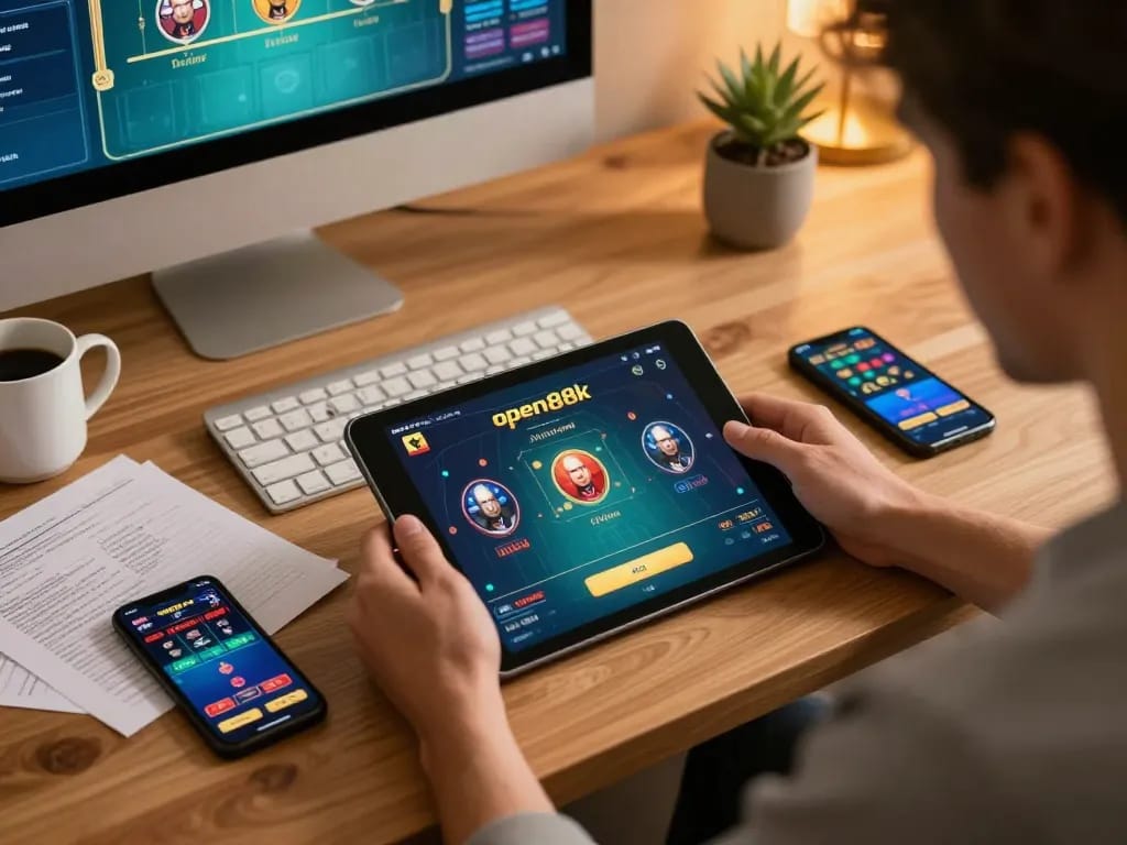 Engaging with open88k app on tablet in cozy home office, showcasing modern online gambling atmosphere.