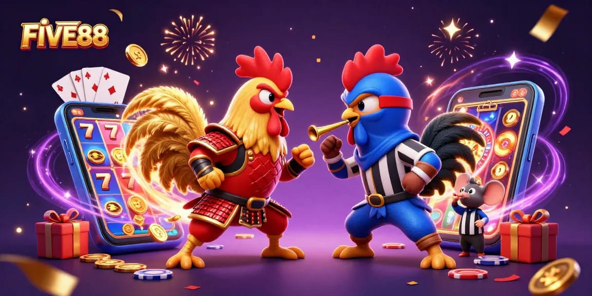 Experience exhilarating betting action at FIVE88 with dynamic cartoon roosters in a captivating showdown.