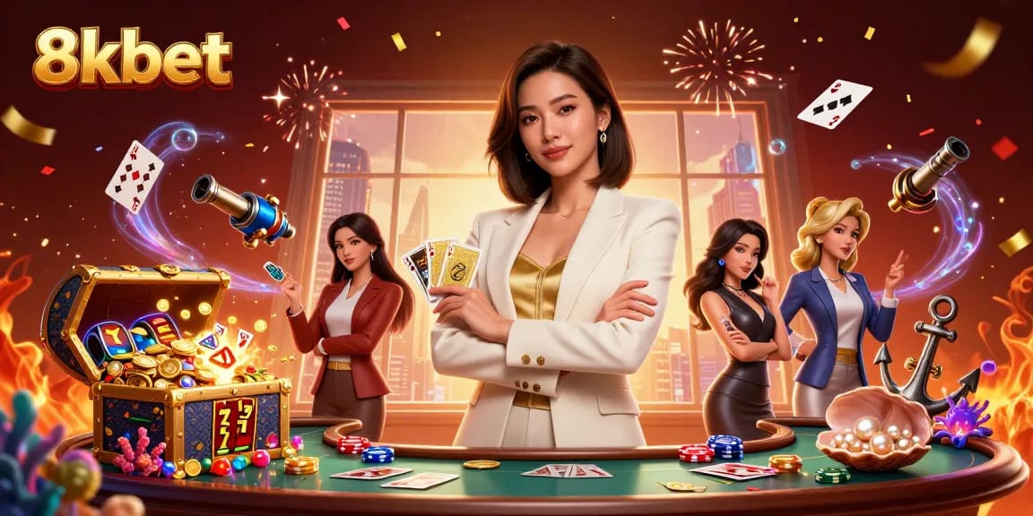Engage in thrilling gaming at 8xbet with an elegant Asian dealer holding cards amid casino ambiance