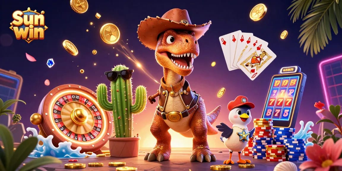 Engage with Sun win: Celebrate jackpot moments with dynamic T-Rex, cactus, and roadrunner in this thrilling casino-themed illustration.