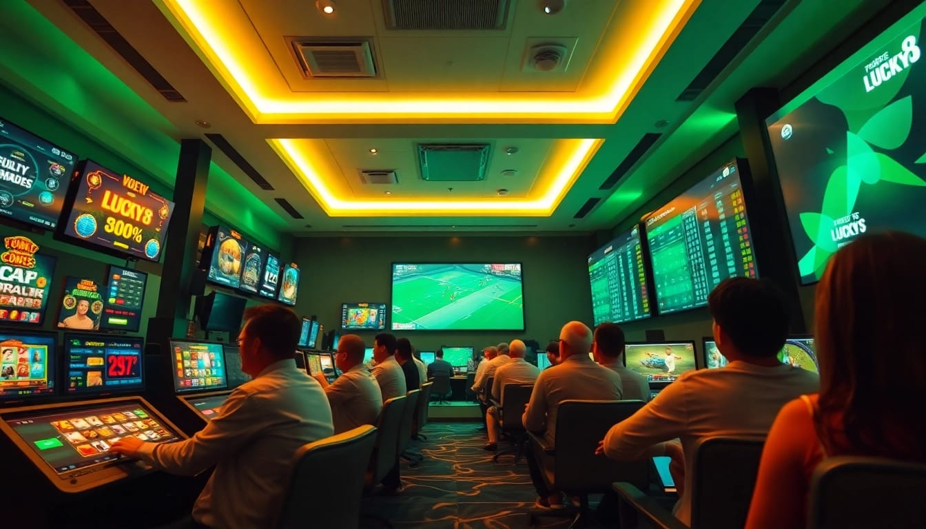 LUCKY8 showcases a modern digital gaming environment with players enjoying slots and sports betting.
