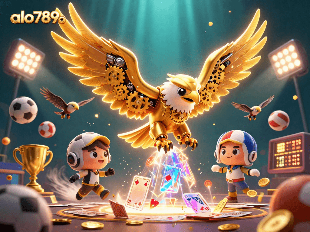 Alo789a showcases a dynamic 3D casino illustration with golden eagle and holographic cards.