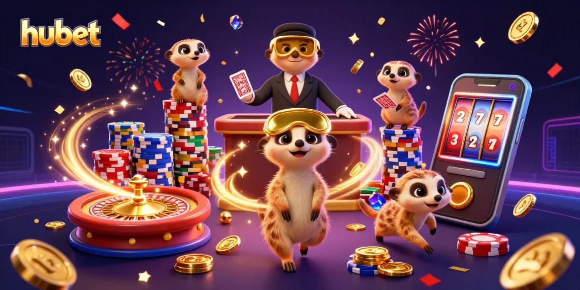 Engage in thrilling gaming adventures at Hubet with adorable meerkats orchestrating vibrant casino fun.