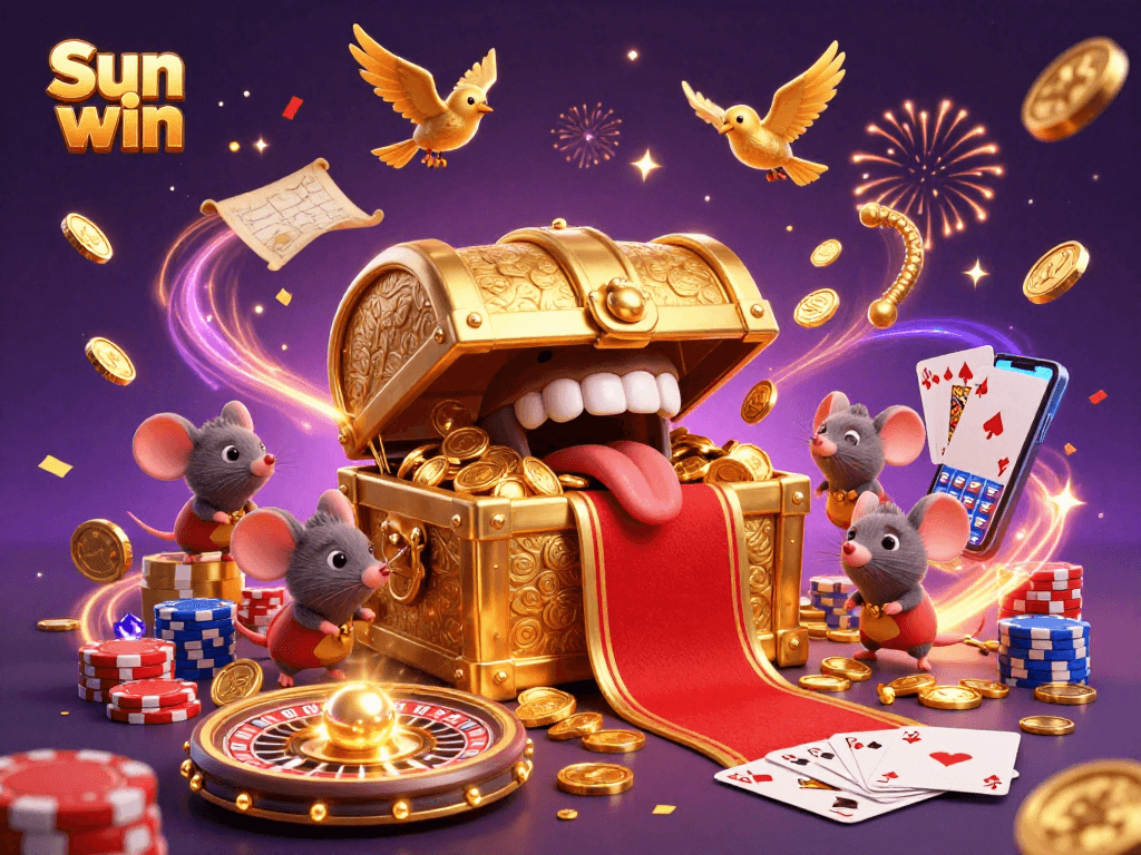 Experience Sun win excitement with a dynamic casino scene featuring treasure chests, golden coins, and gaming fun.