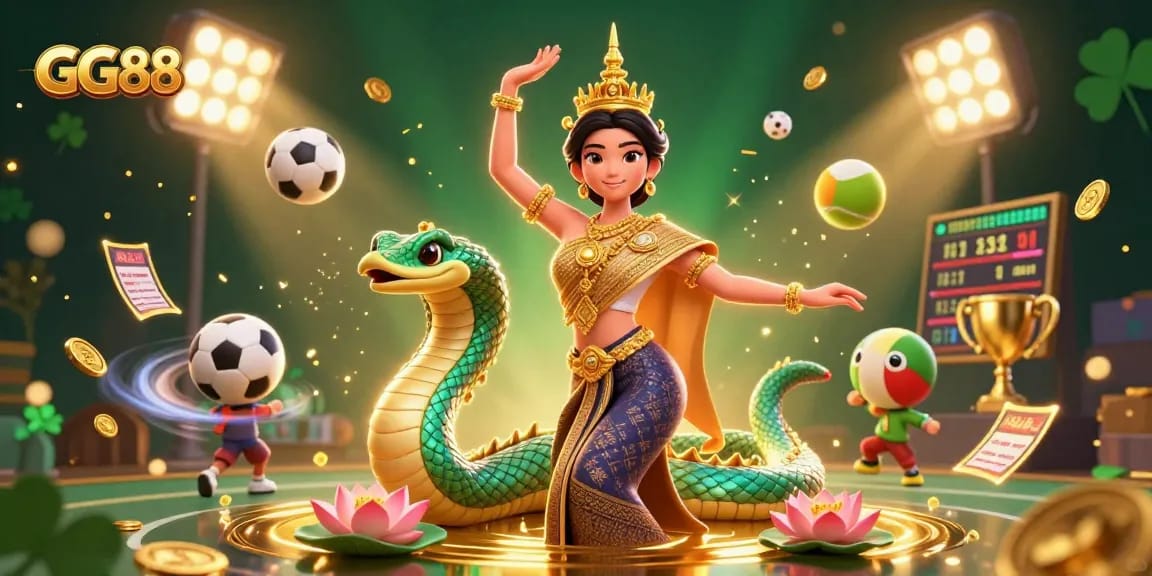 Experience GG88’s dynamic casino scene with a graceful dancer and Naga serpent, capturing thrilling moments in gambling.