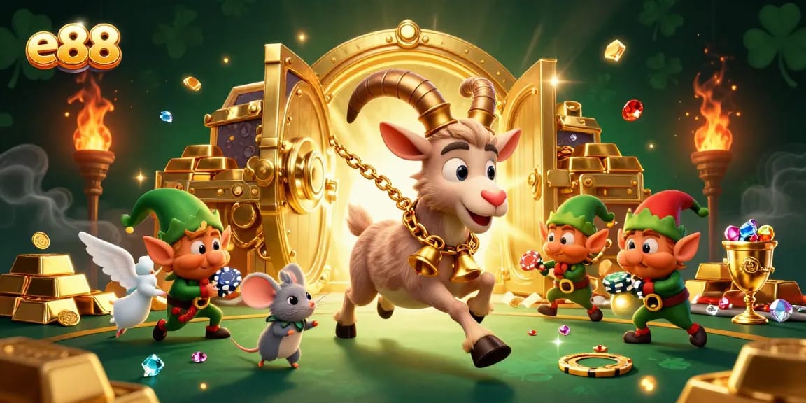 Experience exciting gameplay at e88 with a thrilling holiday-themed casino scene featuring playful characters and treasures.