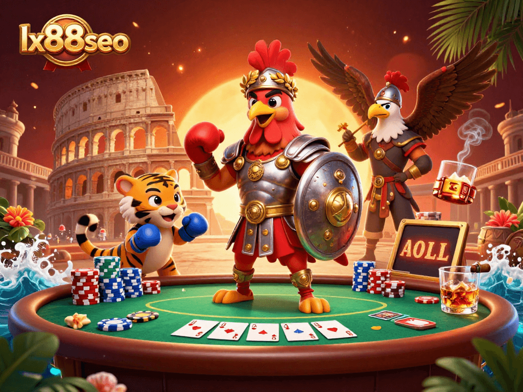 Experience thrilling gaming with lx88seo's dynamic scene featuring poker action and engaging characters.