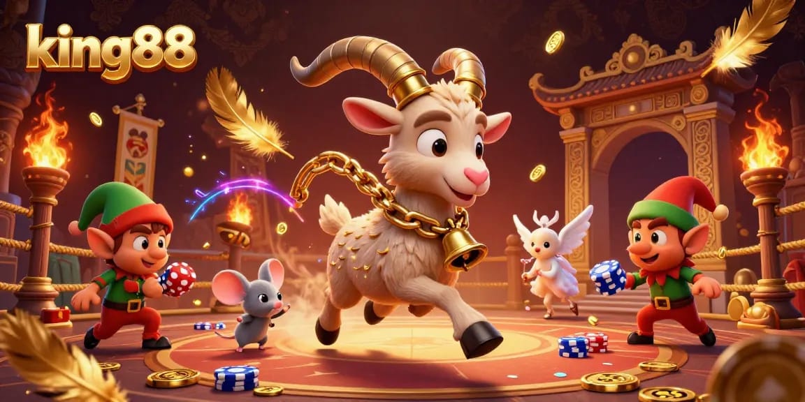 Engage with king88 in a vibrant casino scene featuring whimsical characters in a dynamic environment filled with action.
