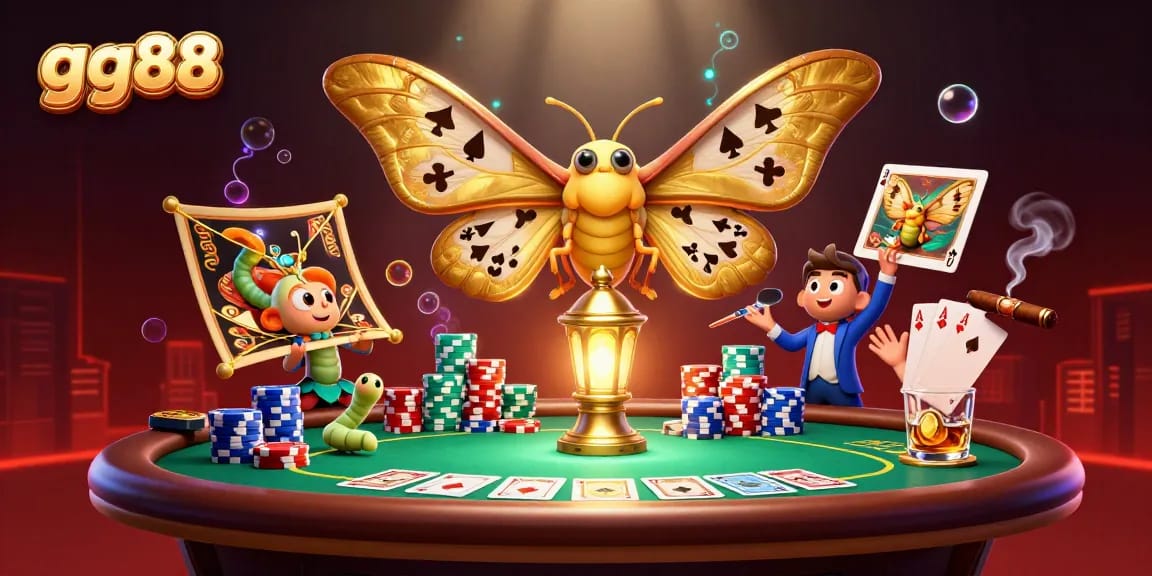 Play and win at gg88 in a vibrant casino scene featuring a majestic moth and poker elements.