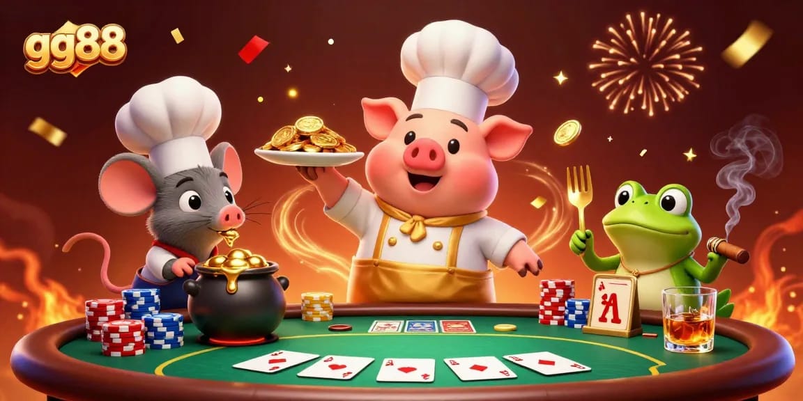 Experience exciting wins with gg88 as a chef pig serves gold coins in a lively casino setting.
