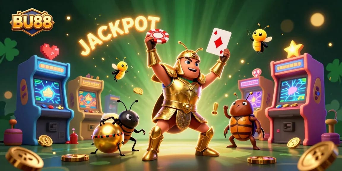 Experience BU88 excitement with vibrant cartoon beetles in a jackpot scene of dynamic casino elements.
