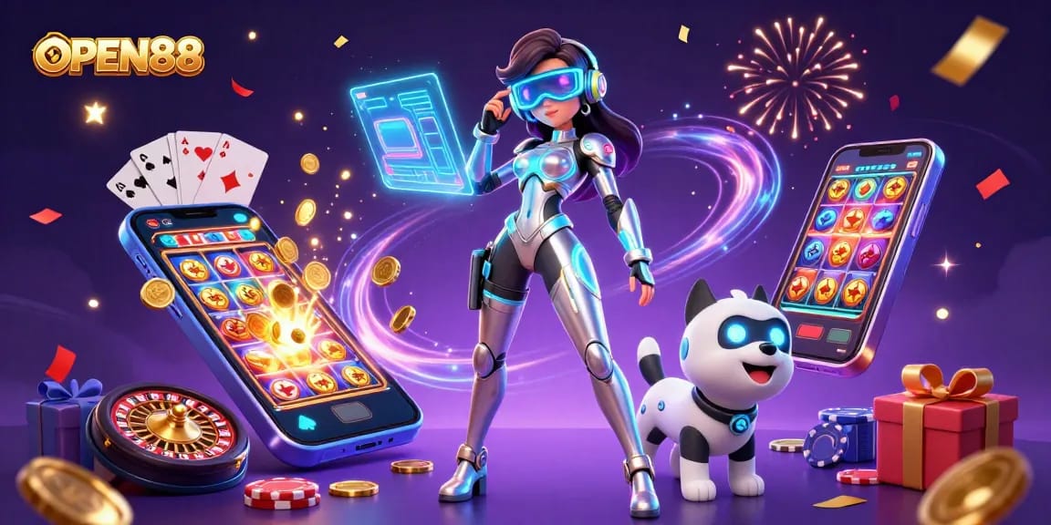 Experience the thrill of gaming with OPEN88 in a vibrant casino landscape filled with characters and action.