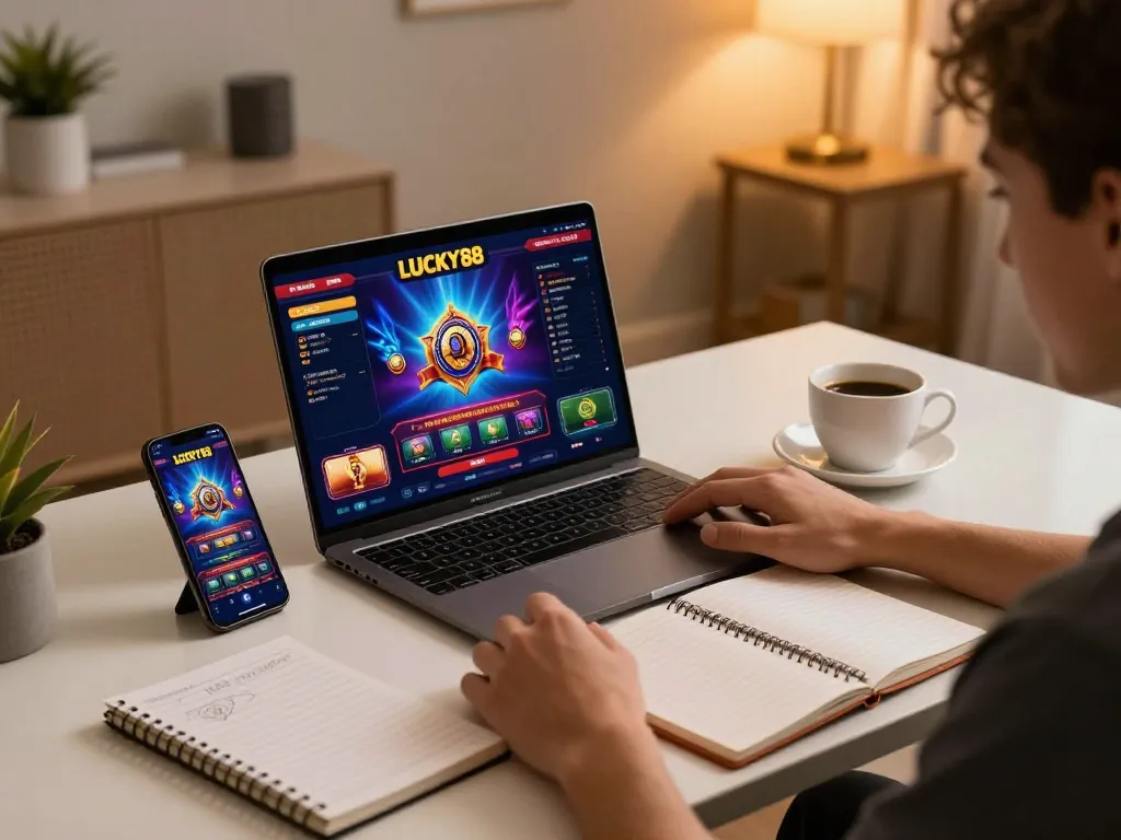Engaging in LUCKY88 online gaming with a laptop and smartphone, showcasing responsible gambling.