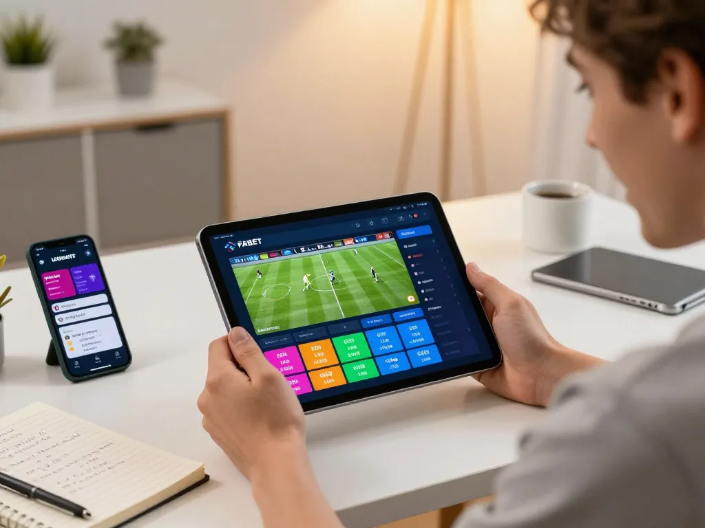 Engaged bettor placing a wager on FABET sports betting platform from a cozy home setting
