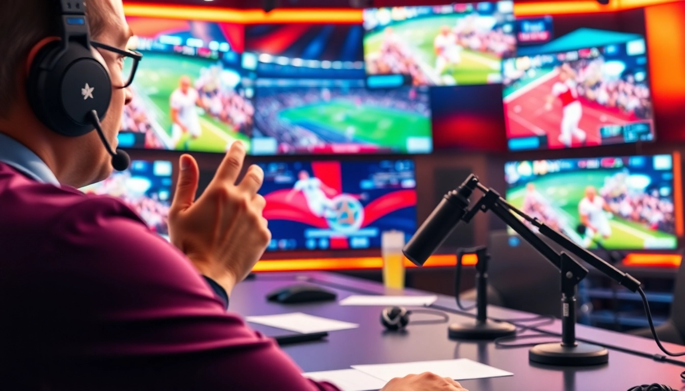 Engaged sports broadcasting professional delivering live commentary in a dynamic studio.