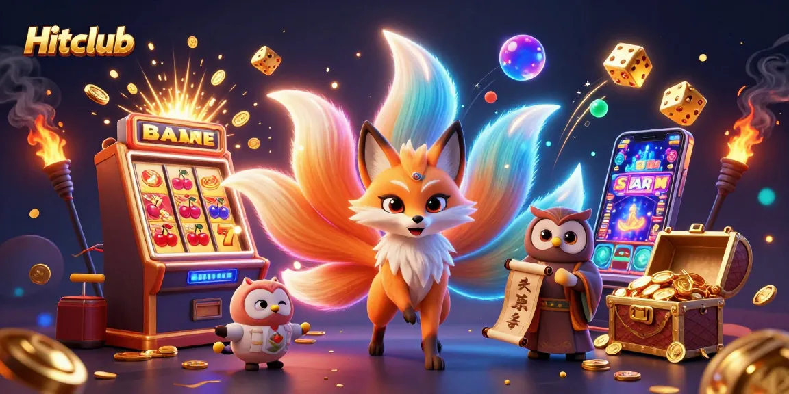 Hitclub showcases thrilling casino action with vibrant slot symbols, golden treasures, and colorful characters.