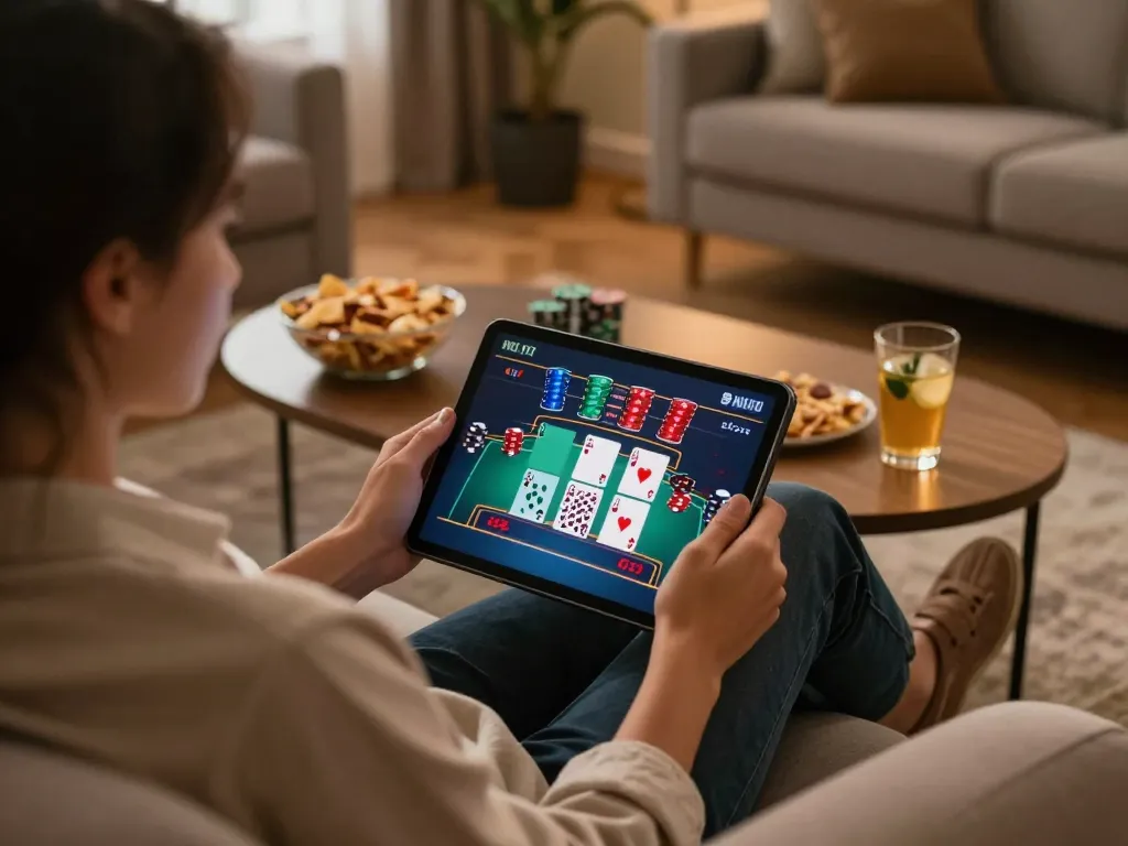 TA88 user engaged in live blackjack on a tablet in cozy home setting.