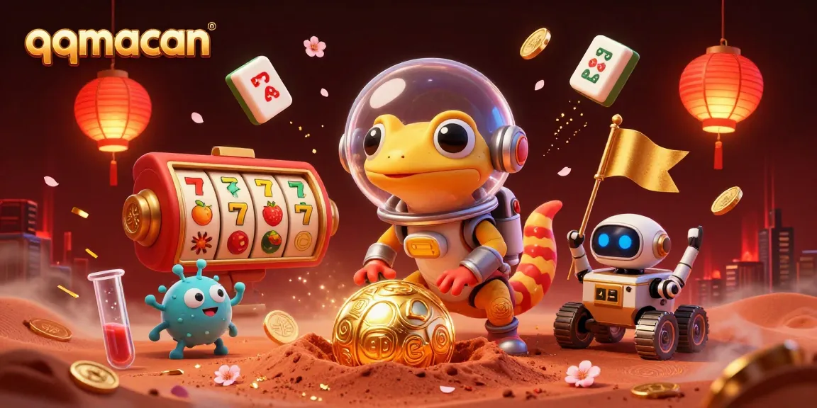Experience the thrill of qqmacan with a vibrant 3D scene of a Martian gecko discovering a golden casino.
