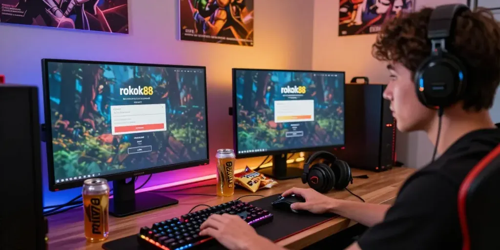 Gamer focused on the rokok88 login interface with gaming gear and vibrant atmosphere.